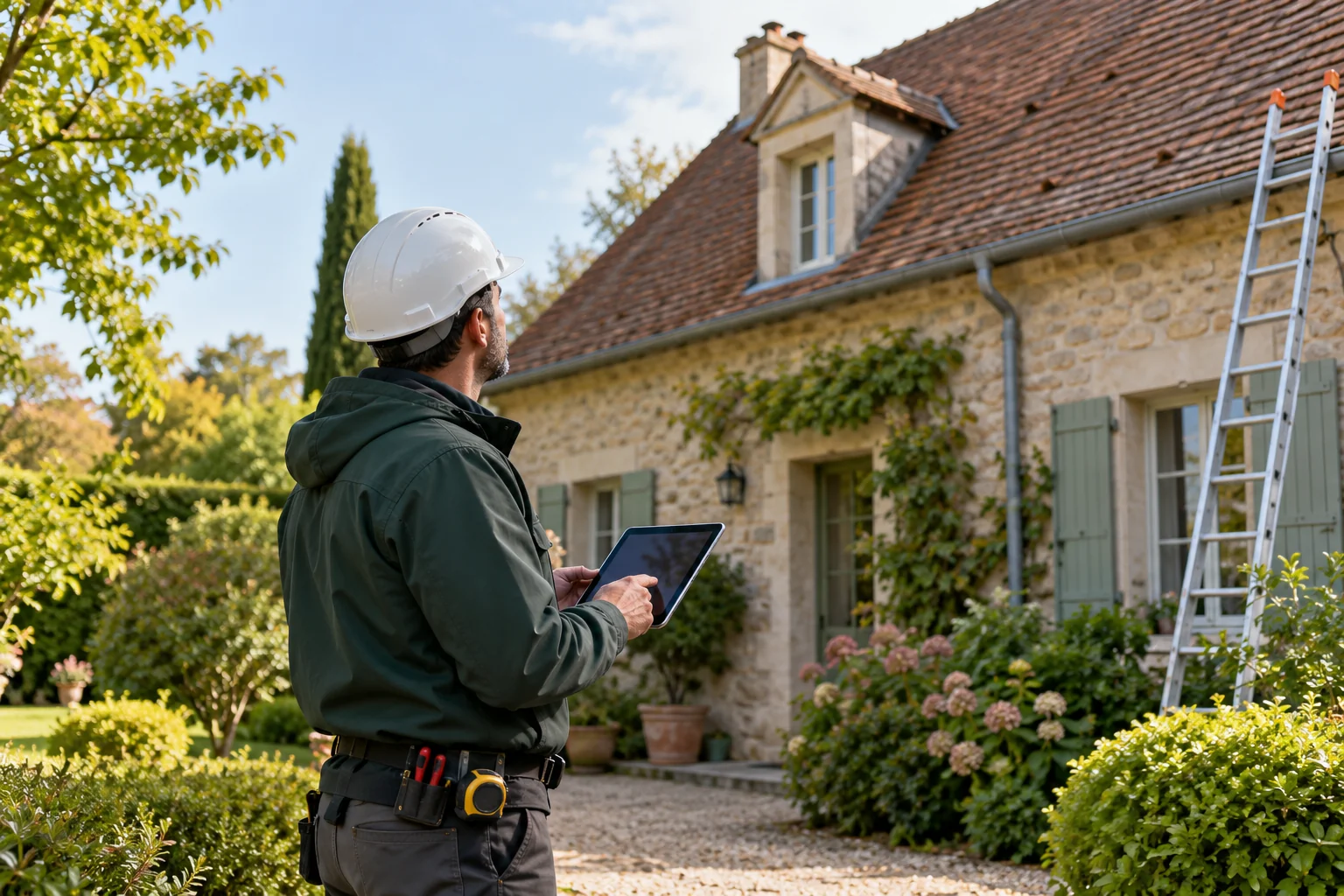 Illustration générée : professionnel au sol avec une tablette devant une maison à toit en tuiles.