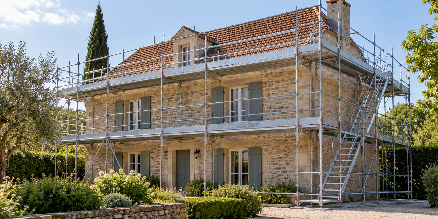 Illustration générée : Échafaudage devant une maison à toiture en tuiles.