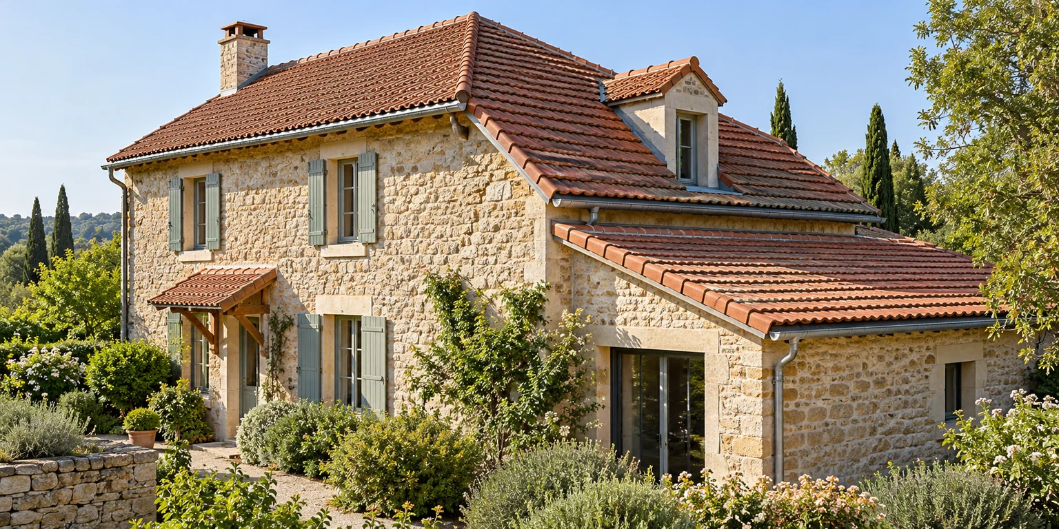 Illustration générée : Maison en pierre et ses différents pans de couverture en tuiles.