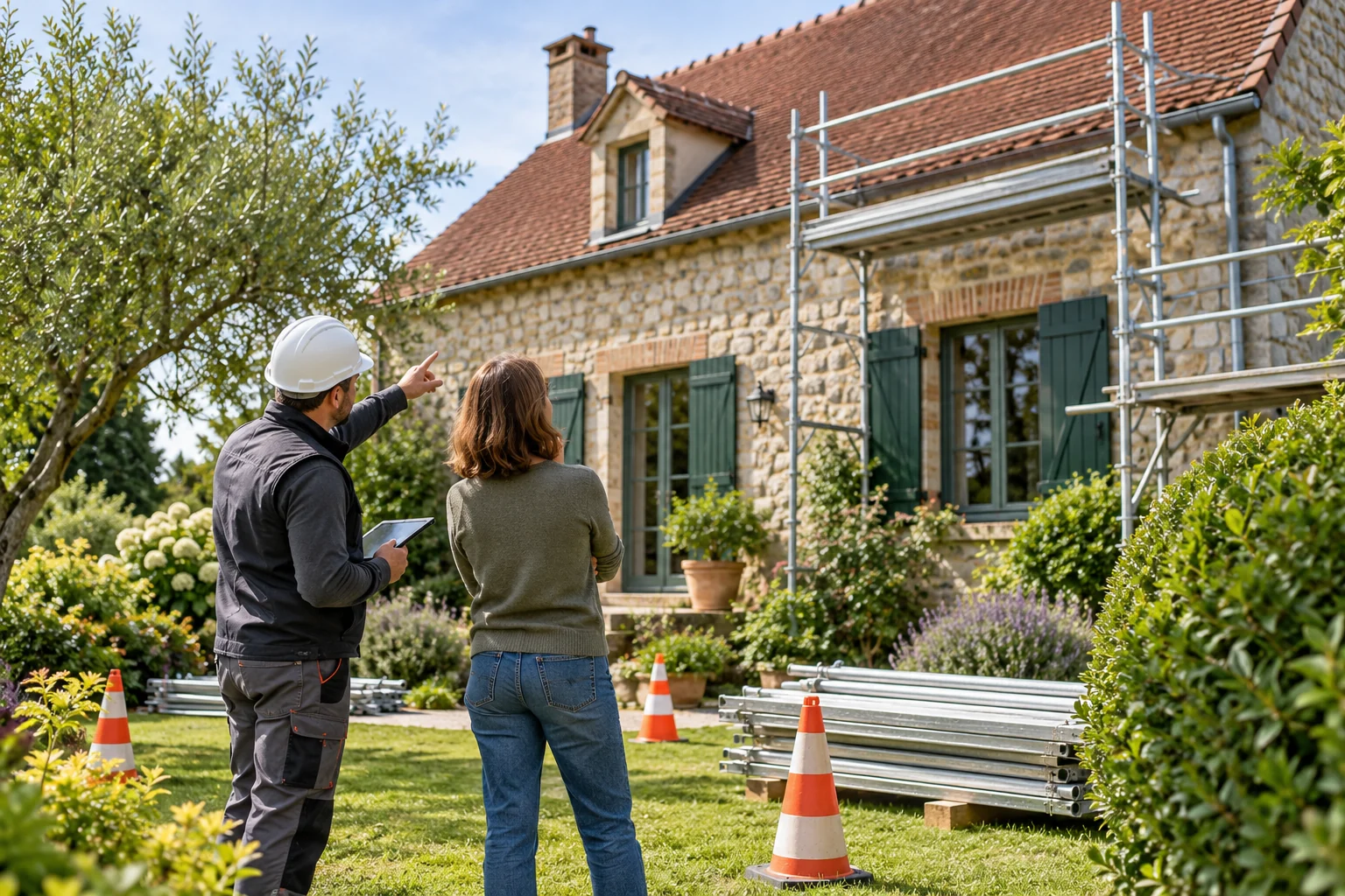 Illustration générée : échange au sol devant une maison avec échafaudage et protections d’accès.
