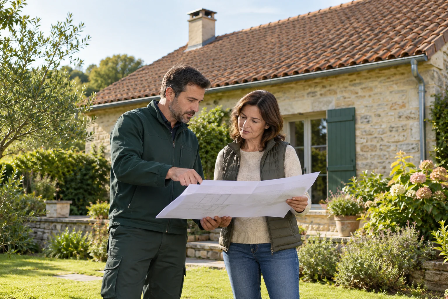 Illustration générée : deux personnes relisent un plan de toiture devant une maison.