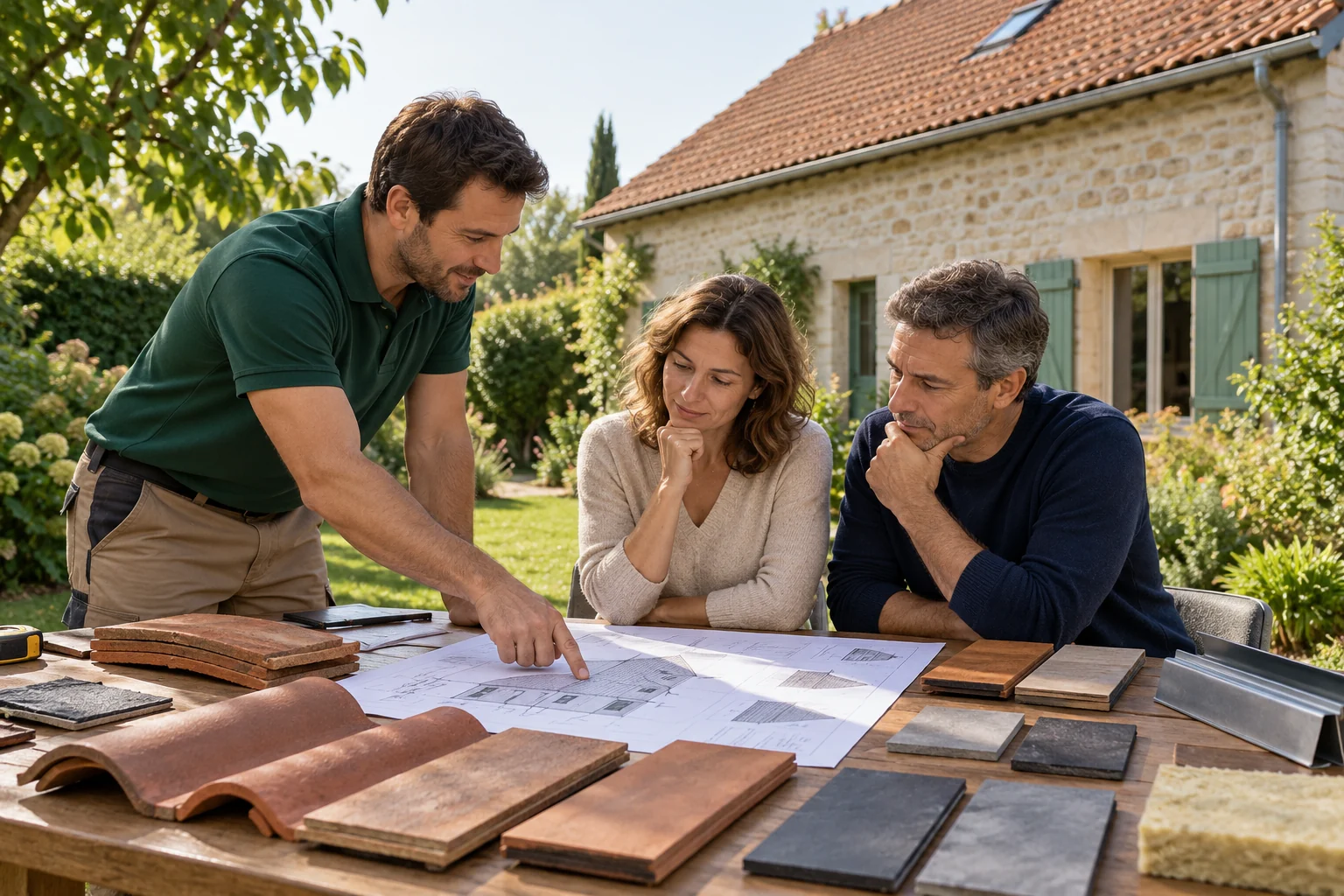 Illustration générée : trois personnes relisent un plan de toiture avec des échantillons de couverture sur une table.