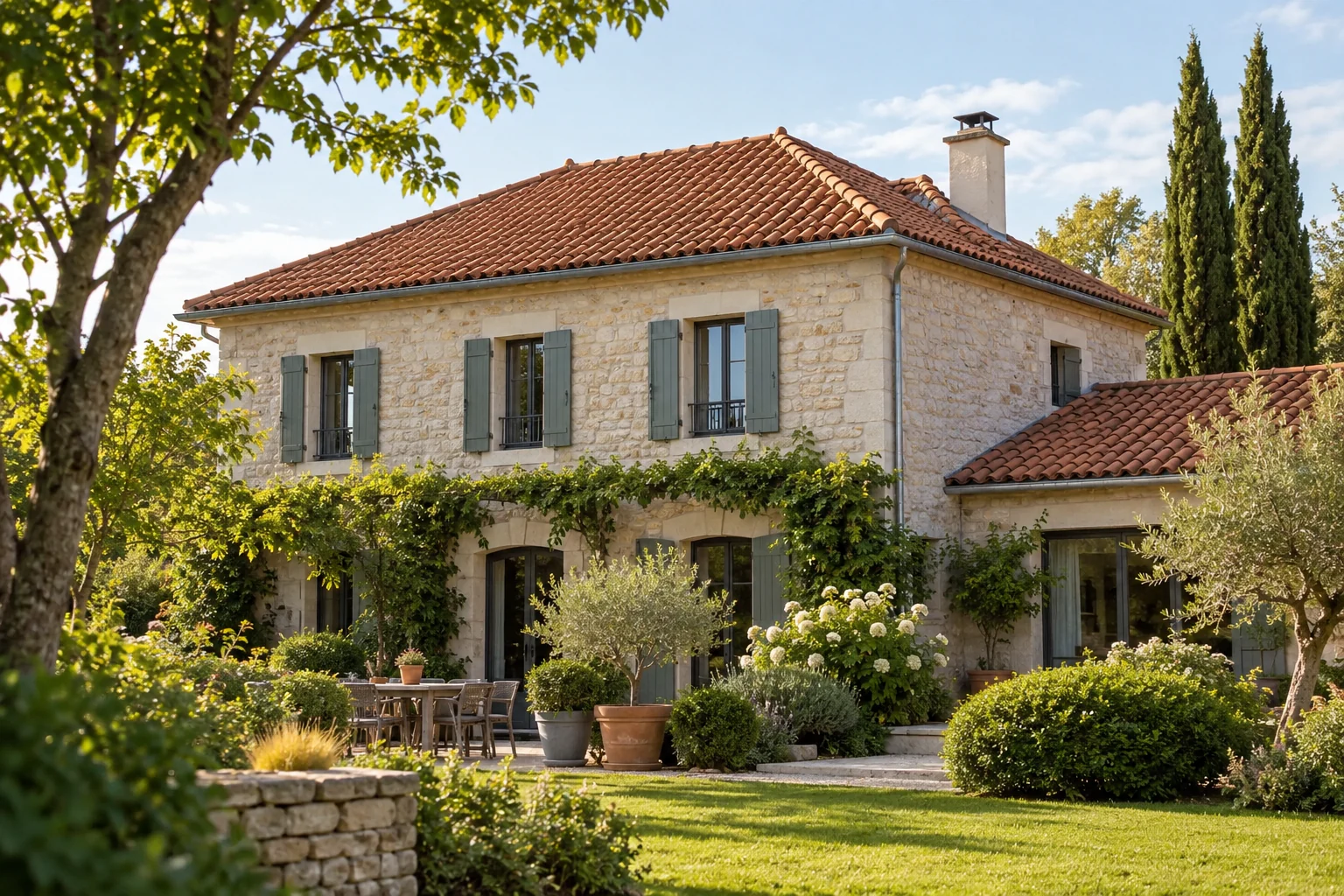 Illustration générée : maison de pierre à toit en tuiles et jardin arboré.