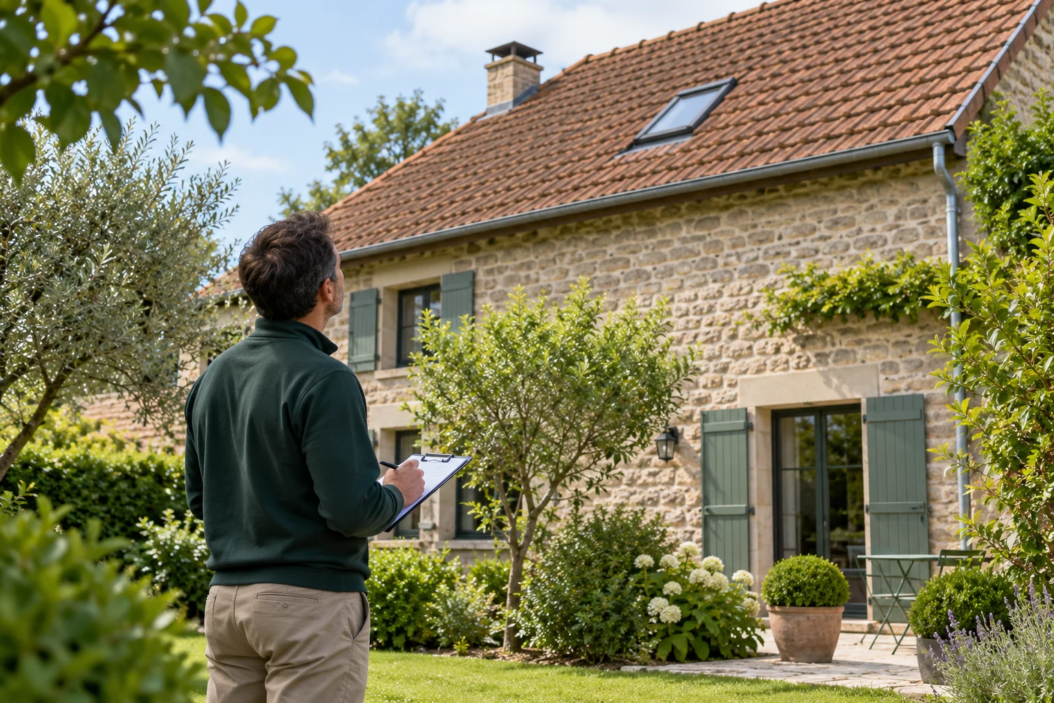 Illustration générée : personne observant depuis le jardin une toiture en tuiles, carnet en main.
