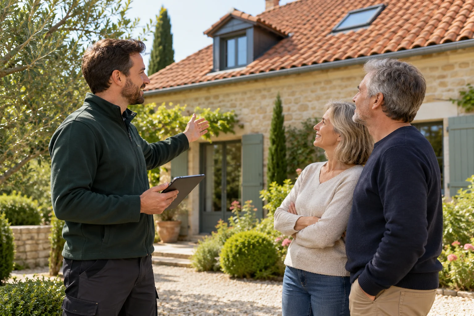 Illustration générée : échange au sol entre un professionnel et deux personnes devant une maison à toit en tuiles.