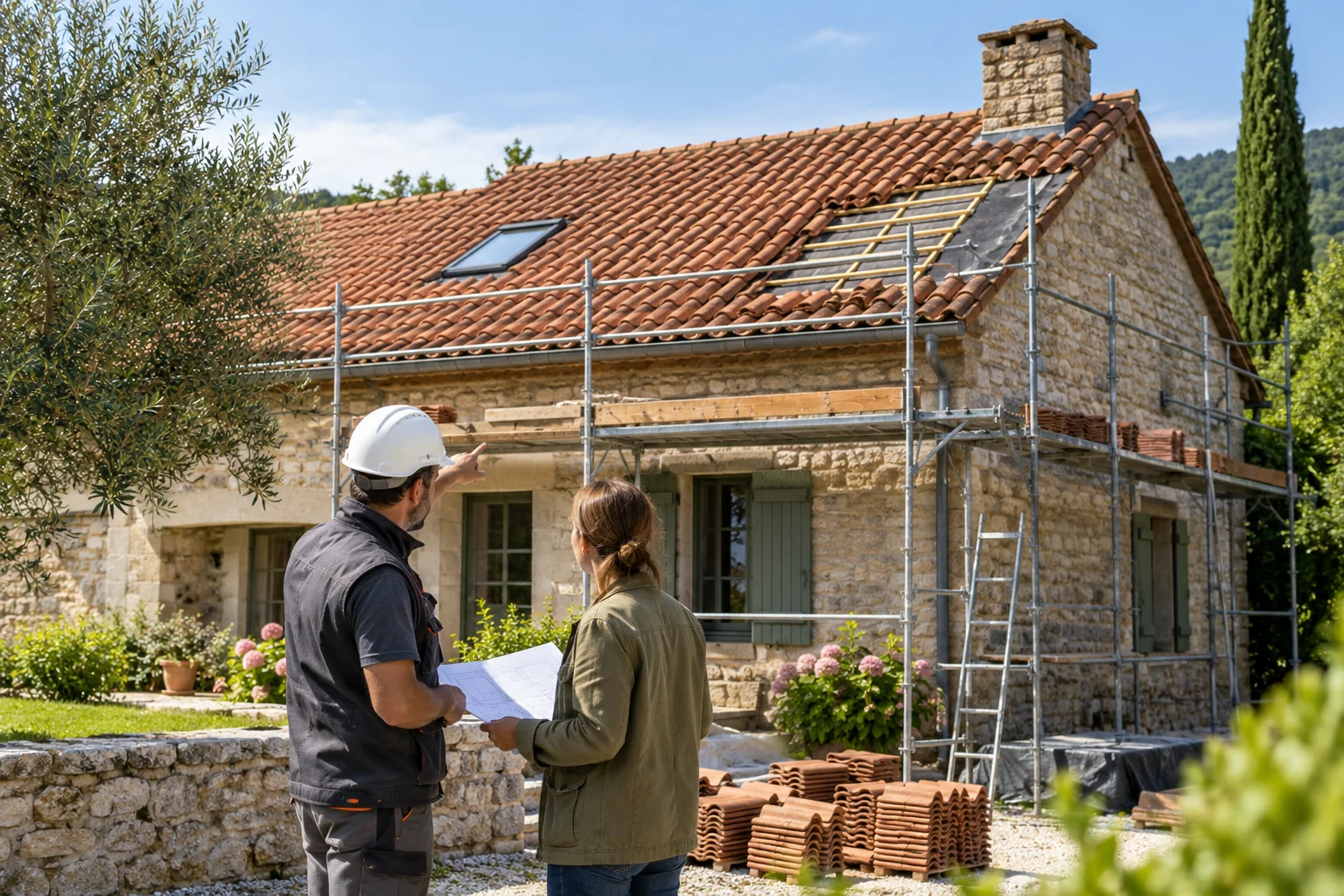 Illustration générée : deux personnes au sol devant une maison en tuiles et un échafaudage.