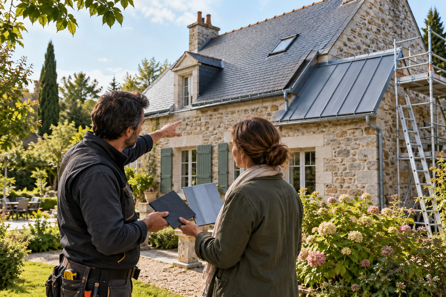 Illustration générée : deux personnes examinent depuis le sol une couverture en ardoises et zinc.