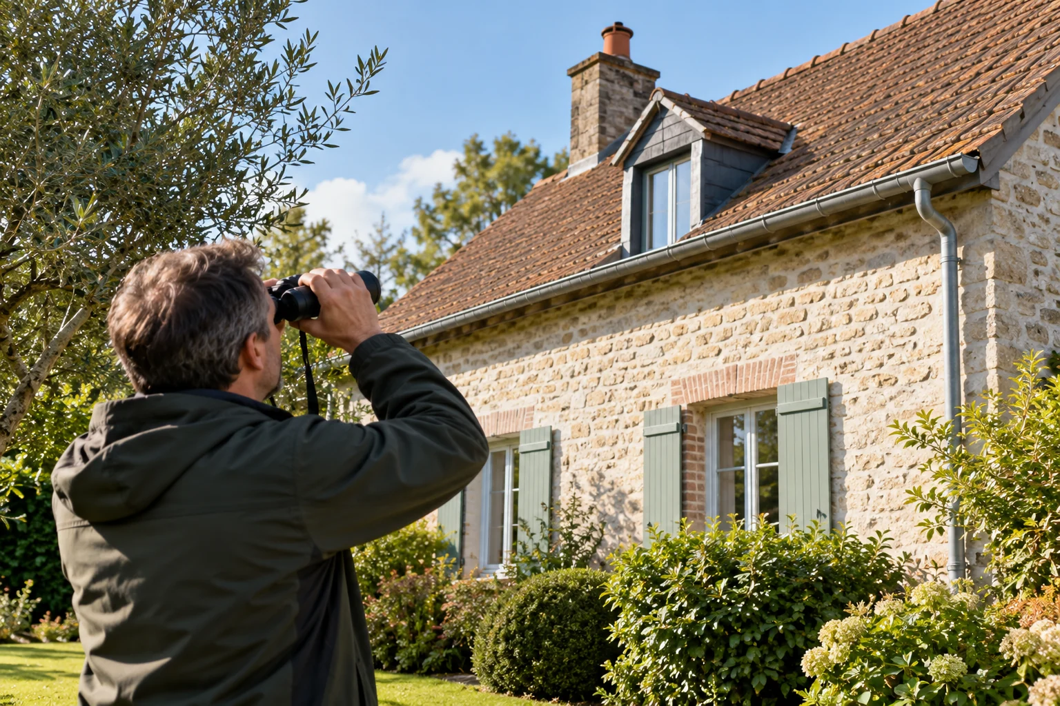 Illustration générée : observation aux jumelles d’une toiture en tuiles depuis le jardin.