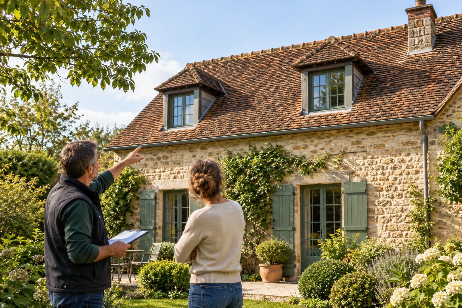 Illustration générée : échange au sol devant une maison à couverture en tuiles.
