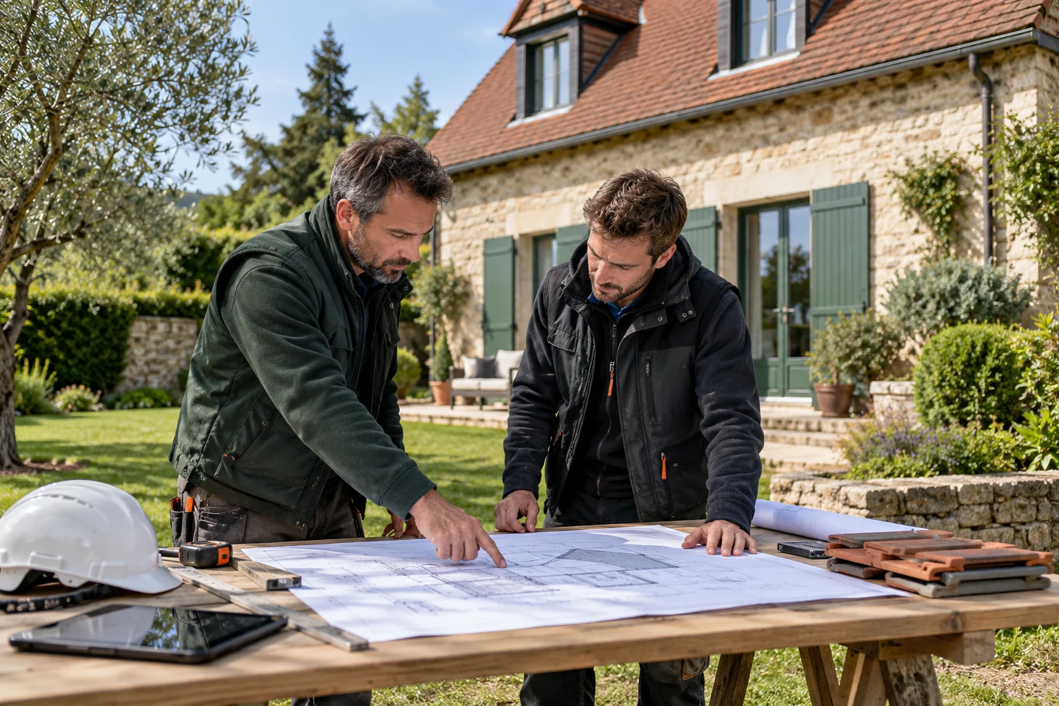 Illustration générée : deux professionnels au sol examinent un plan de couverture sur une table.